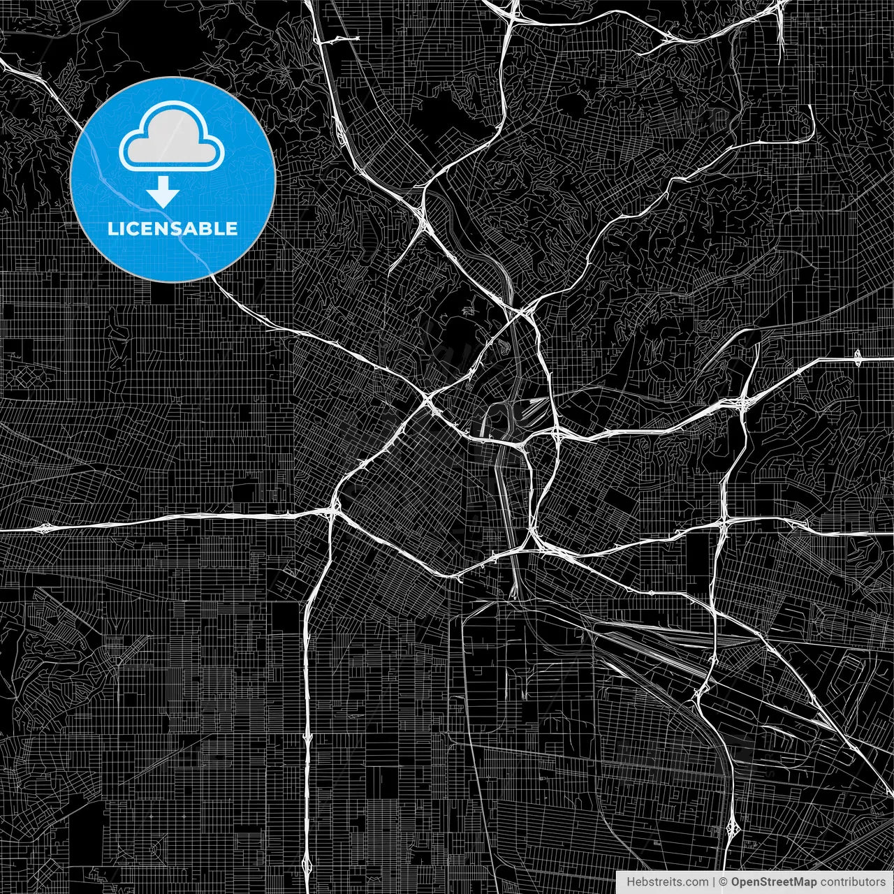 Black downtown map of Los Angeles, California