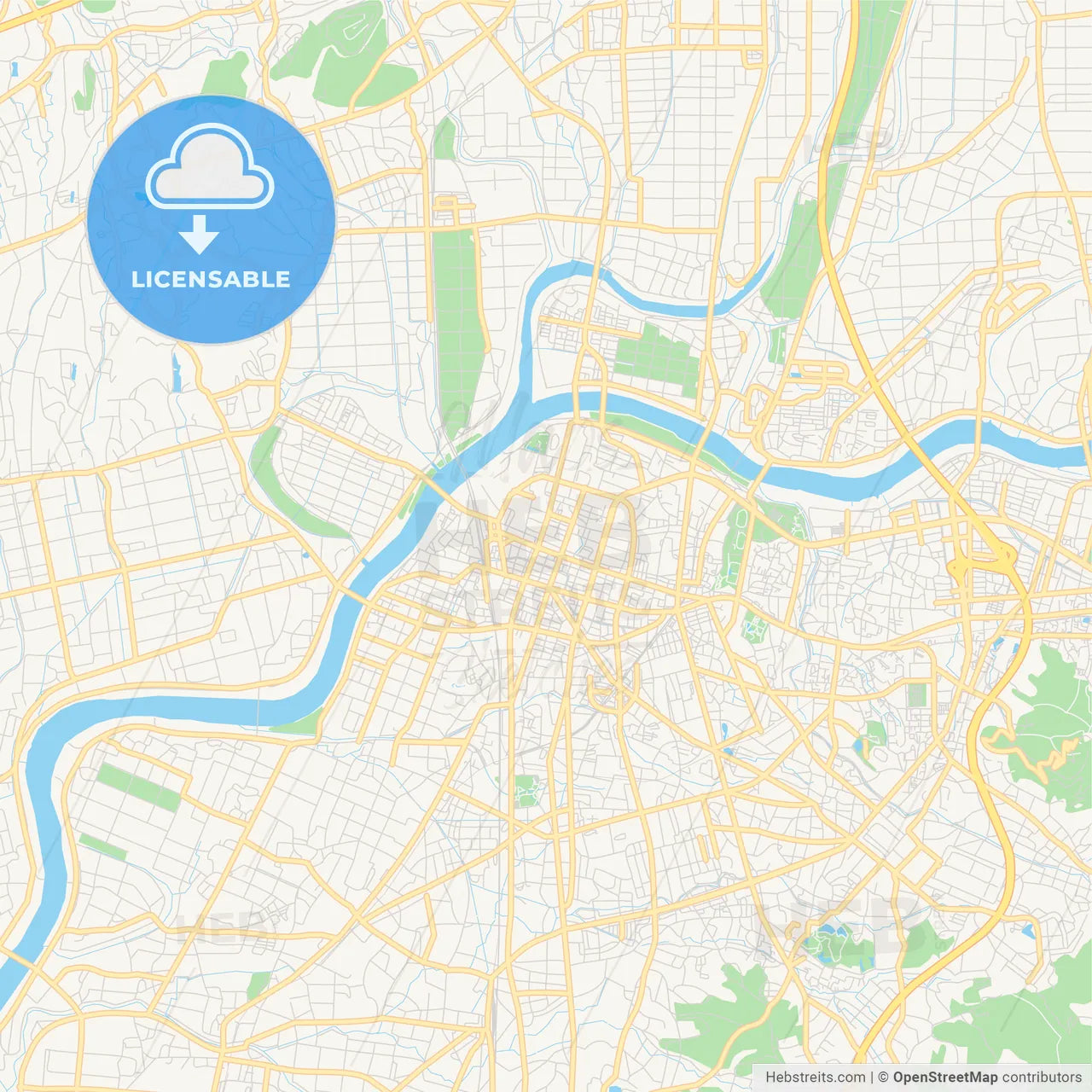 Printable street map of Kurume, Japan