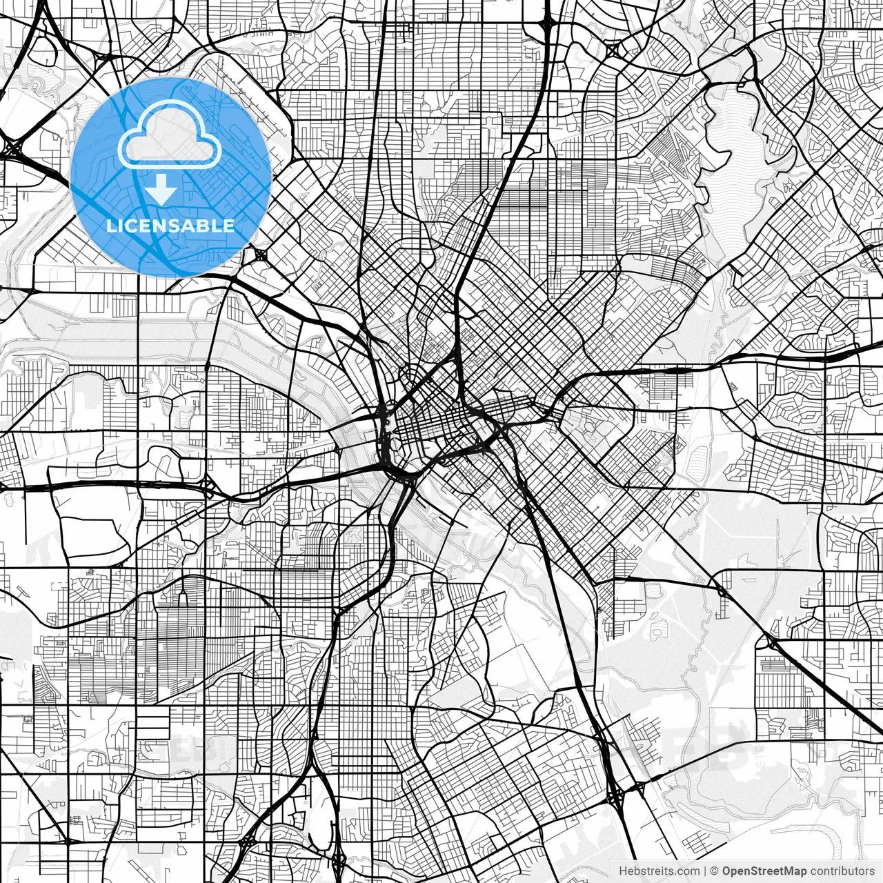 Vector PDF map of Dallas, Texas, United States