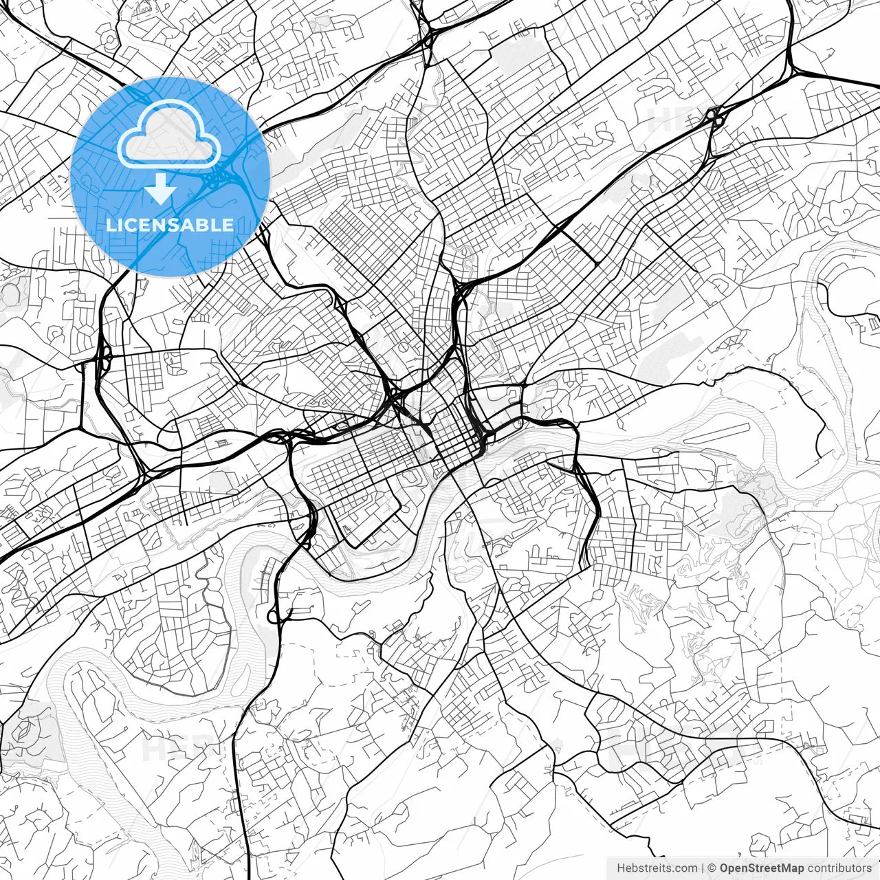 Vector PDF map of Knoxville, Tennessee, United States