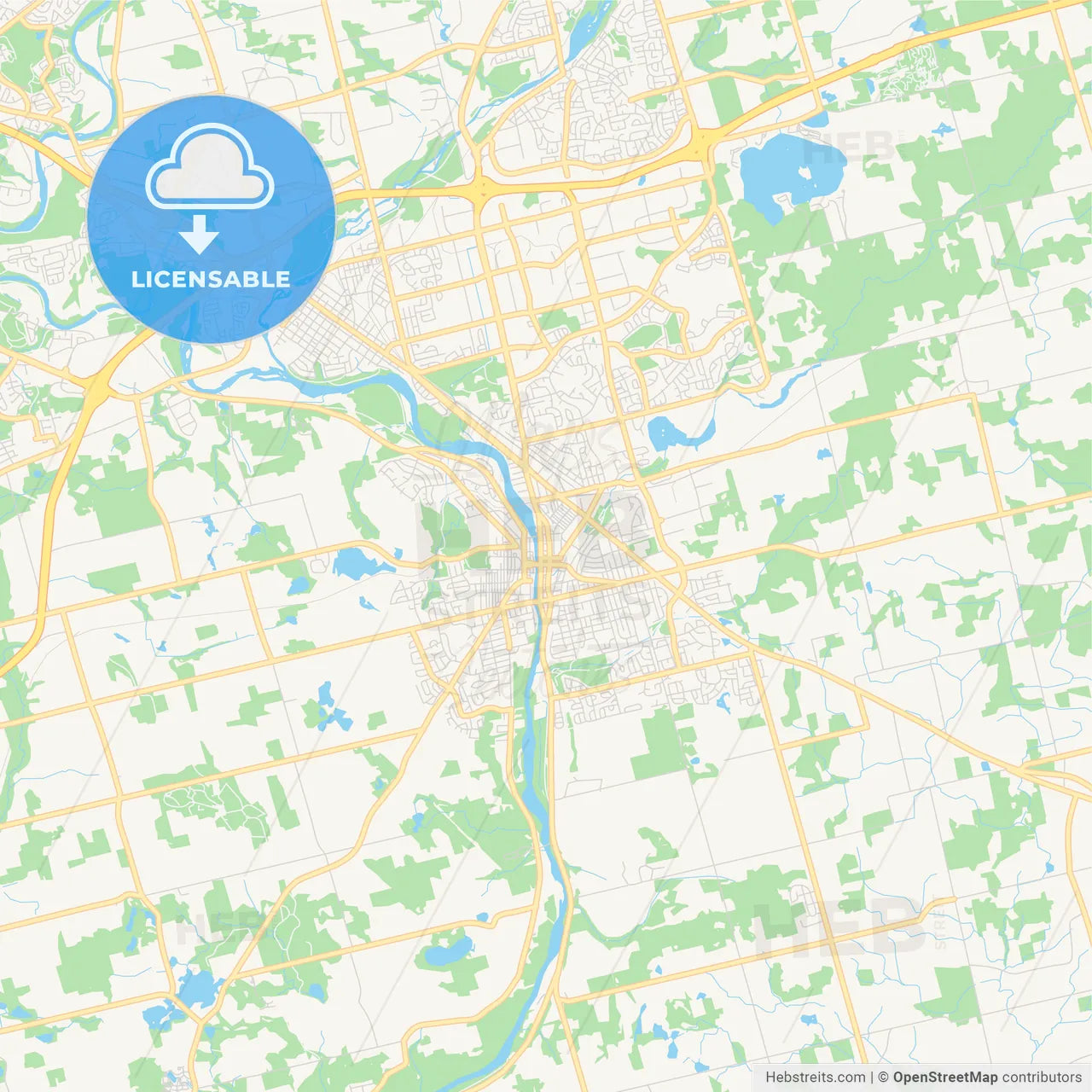 Empty vector map of Cambridge, Ontario, Canada