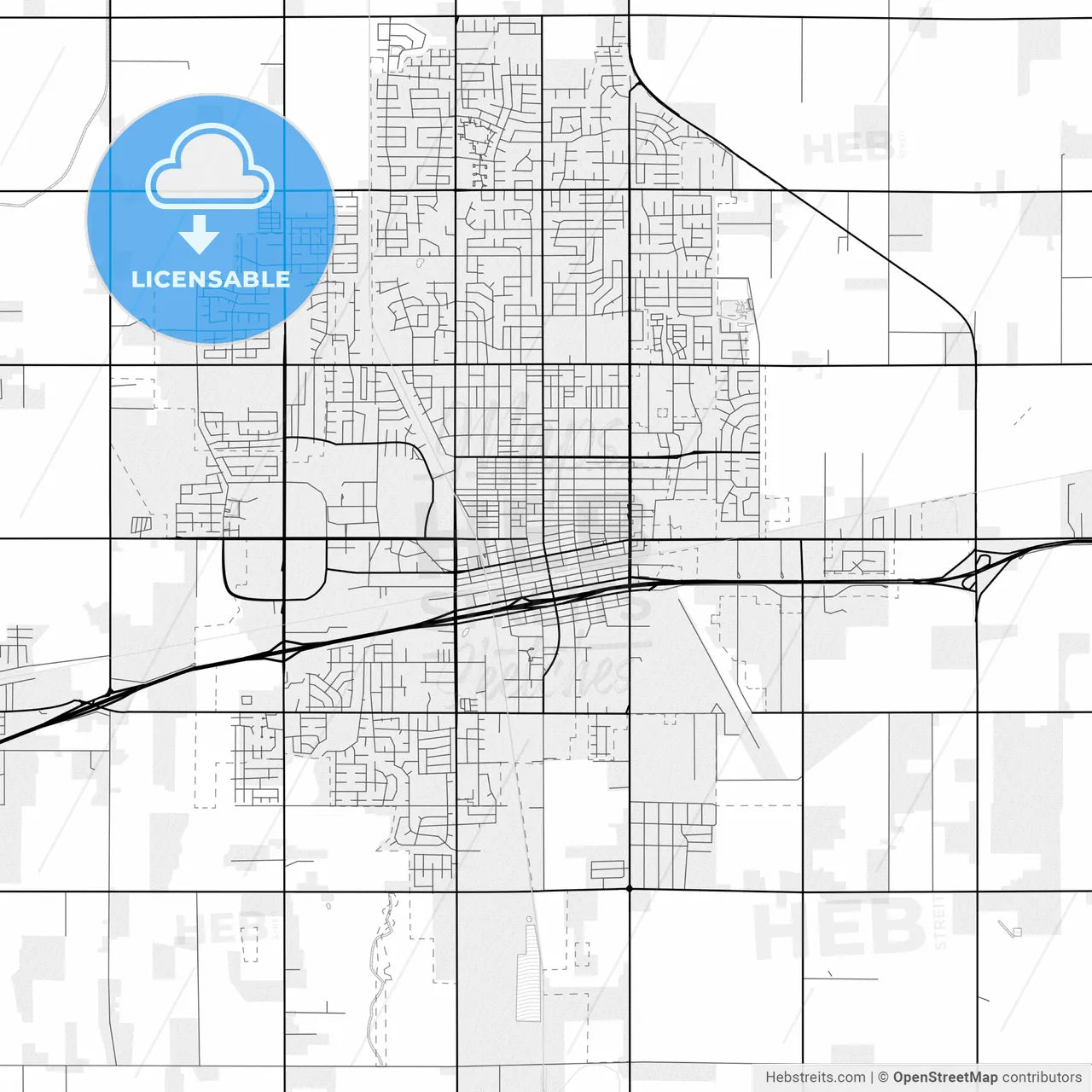 Vector PDF map of Hanford, California, United States