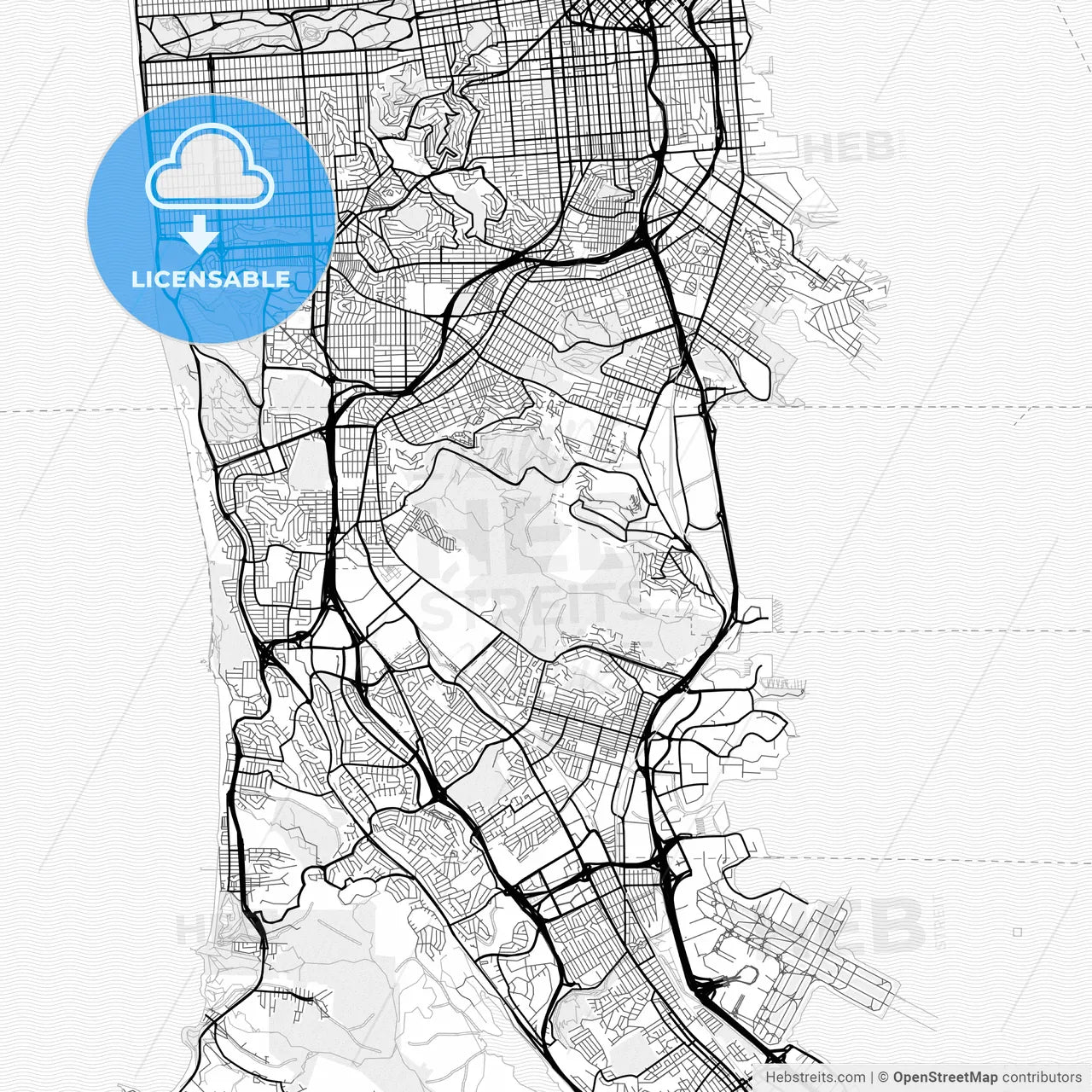 Vector PDF map of Daly City, California, United States