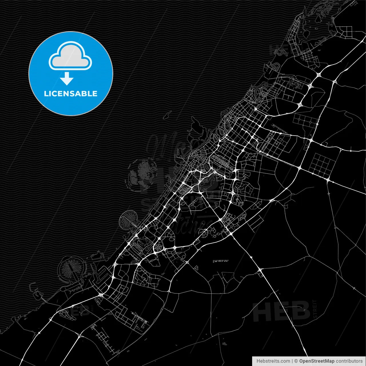 Dark area map of Dubai, United Arab Emirates