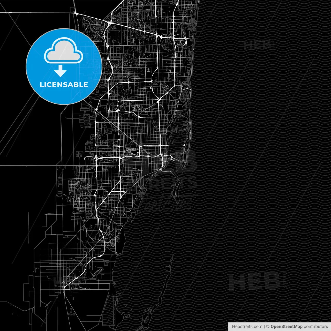 Dark area map of Miami, United States