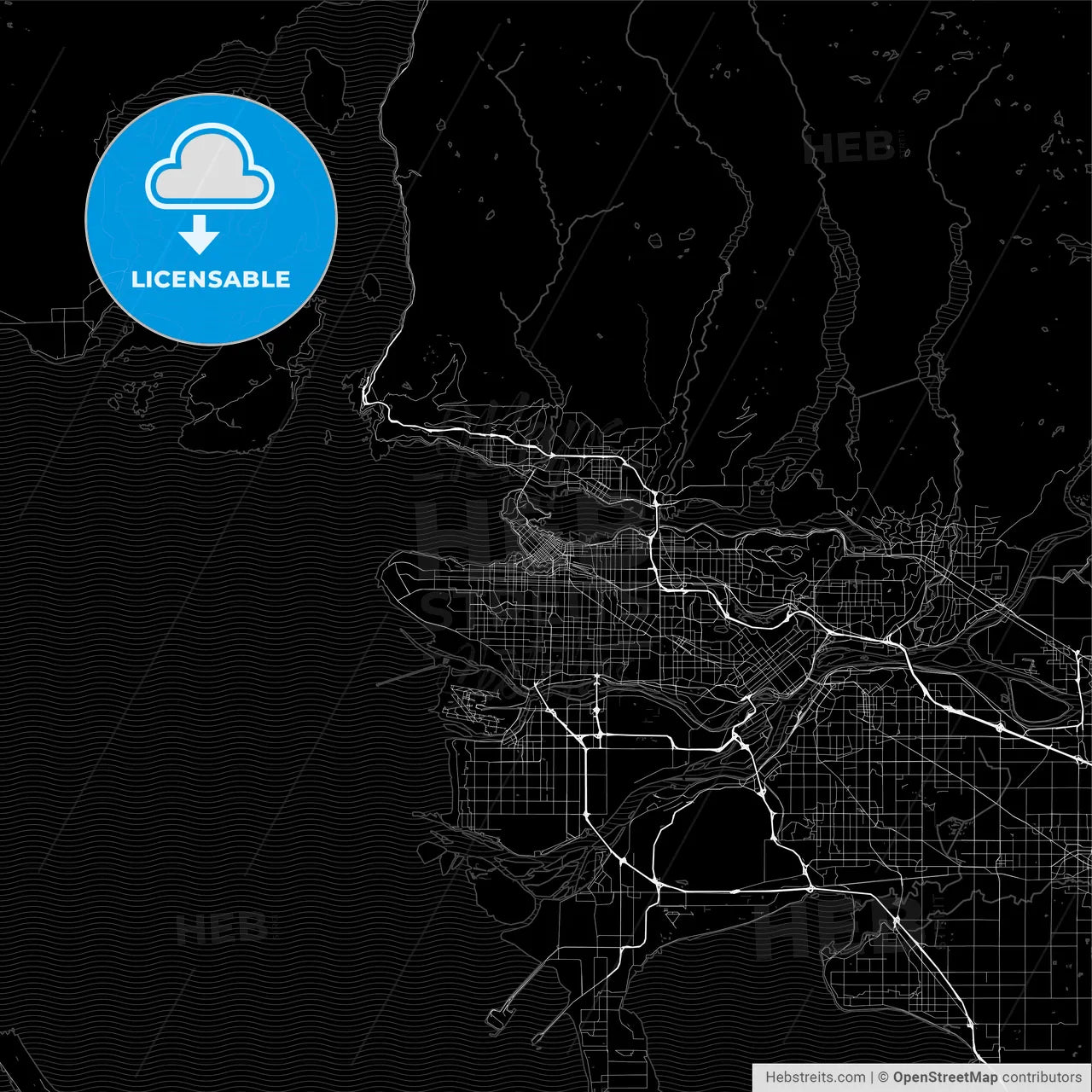 Dark area map of Vancouver, Canada