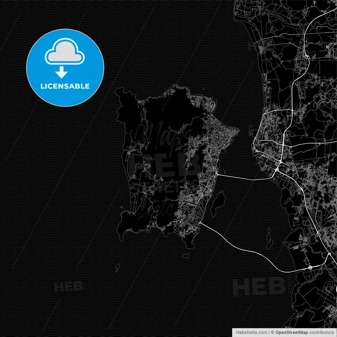 Dark area map of Penang Island, Malaysia