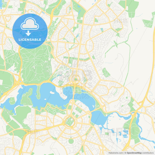 Printable street map of Canberra–Queanbeyan, Australia