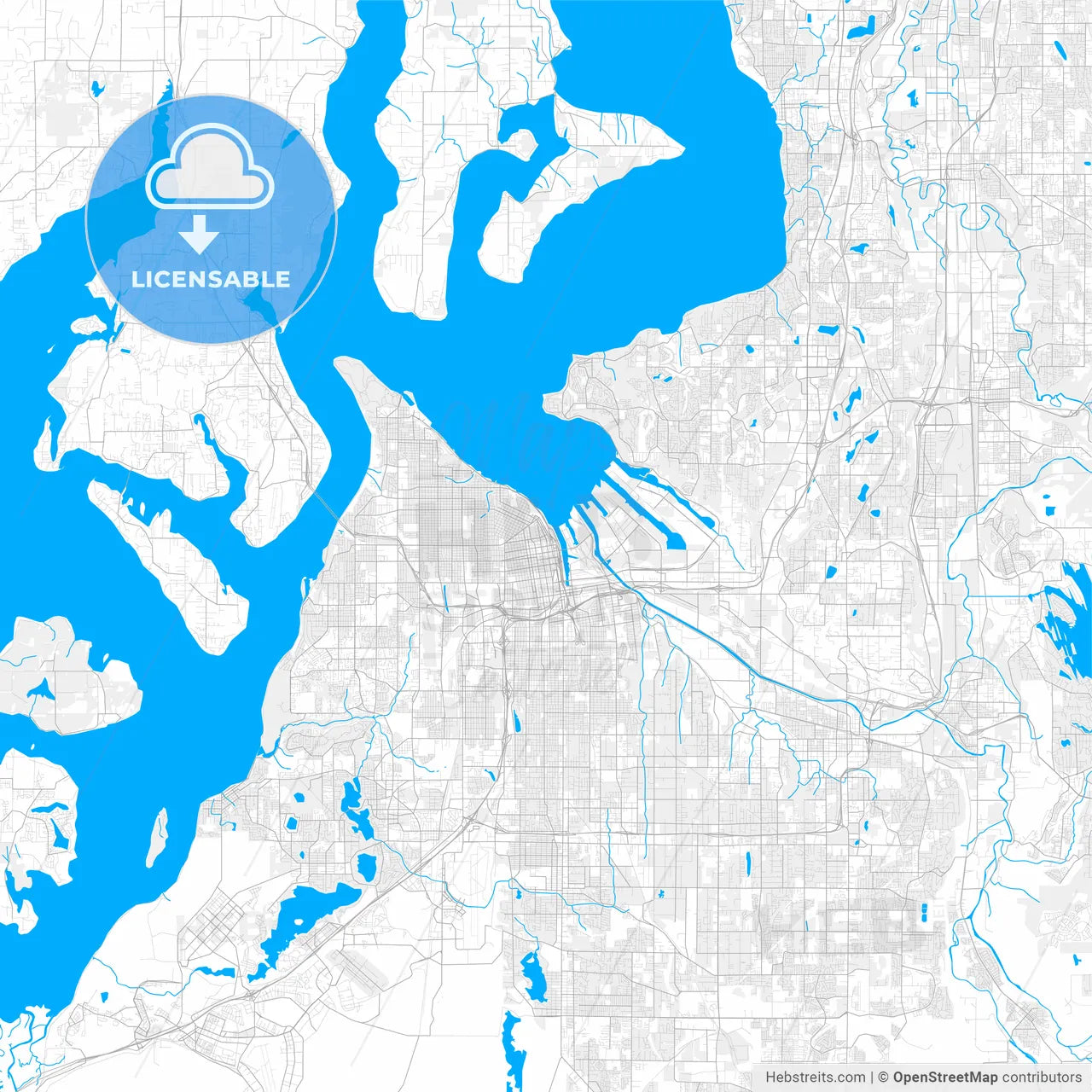 Rich detailed vector map of Tacoma, Washington, USA