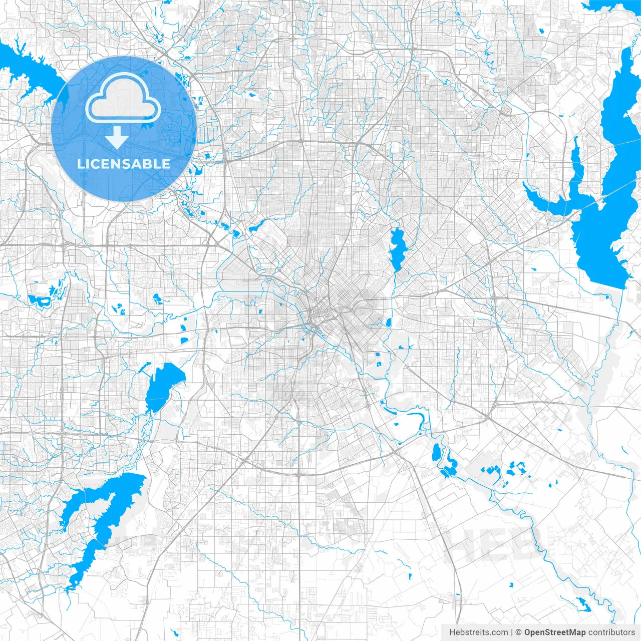 Rich detailed vector map of Dallas, Texas, U.S.A.