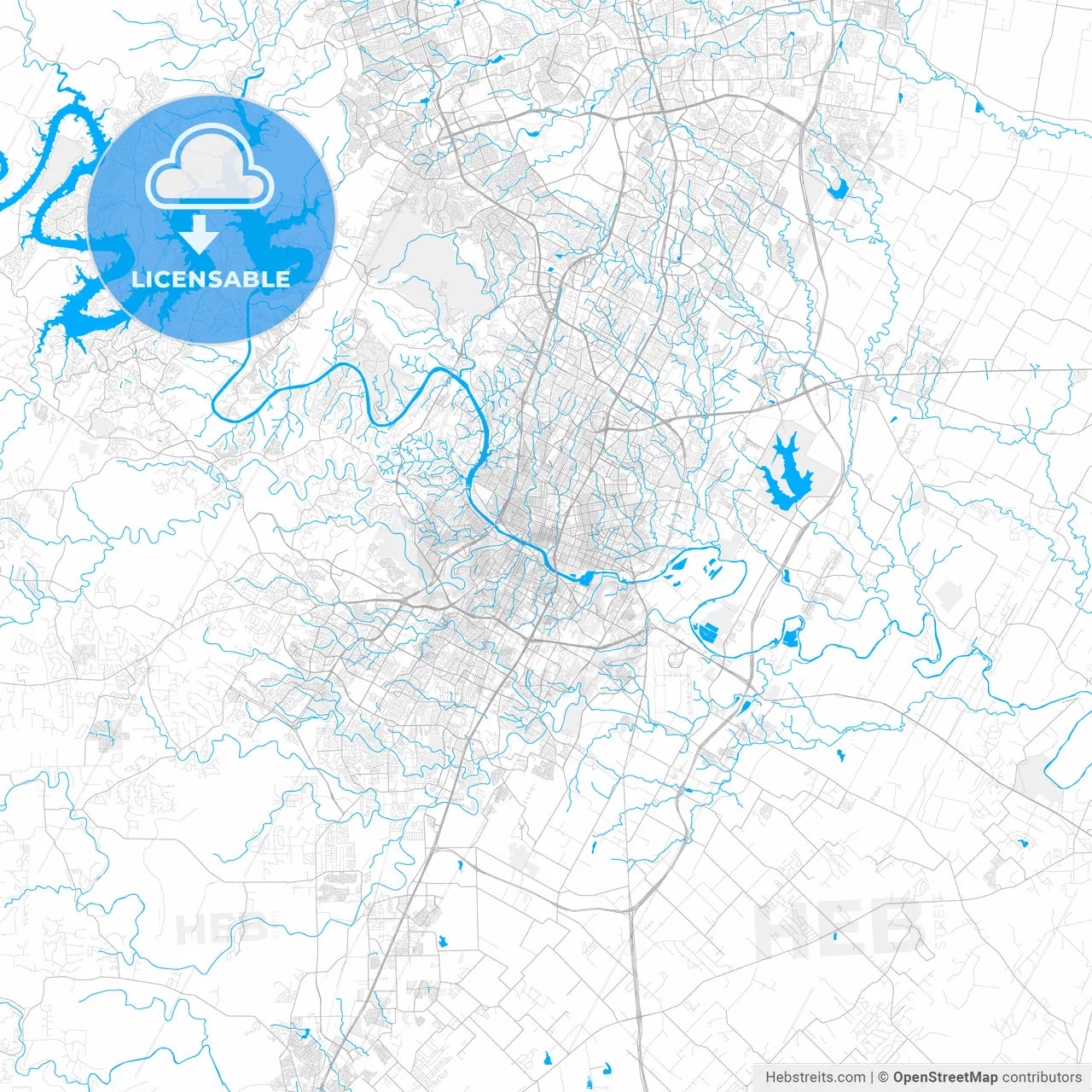 Rich detailed vector map of Austin, Texas, U.S.A.