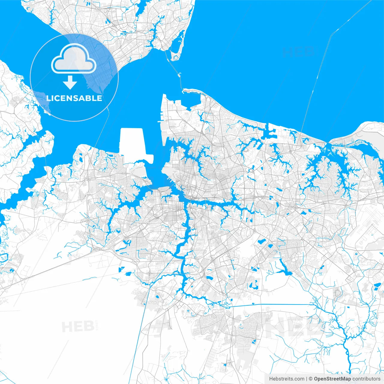 Rich detailed vector map of Norfolk, Virginia, U.S.A.