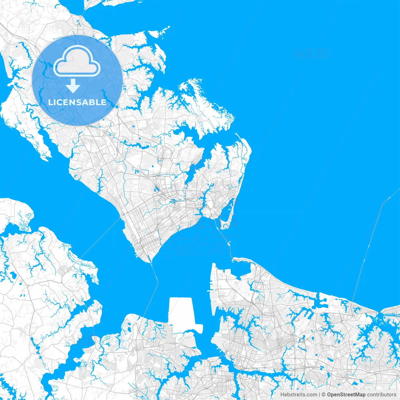 Rich detailed vector map of Hampton, Virginia, USA