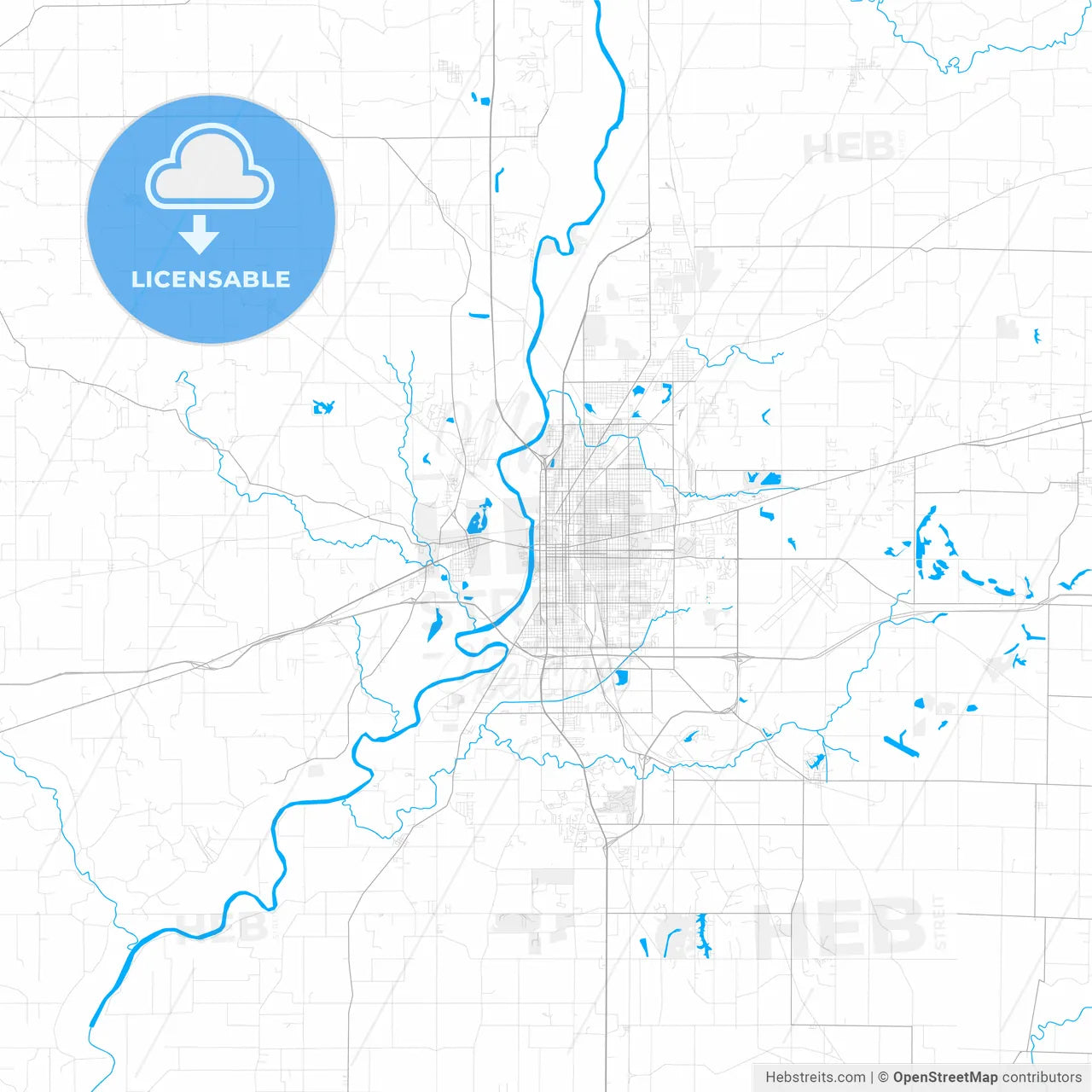 Rich detailed vector map of Terre Haute, Indiana, USA