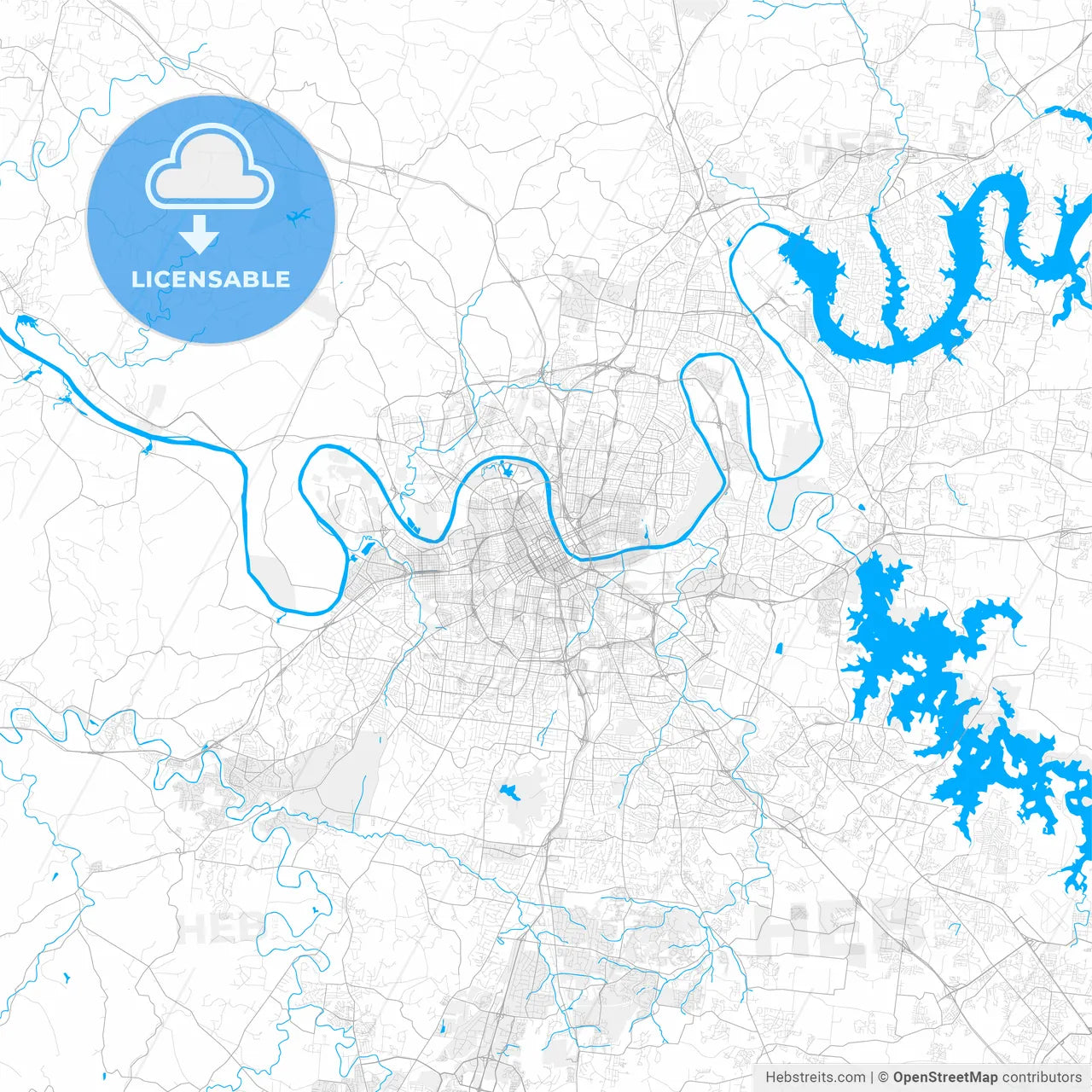 Rich detailed vector map of Nashville, Tennessee, U.S.A.