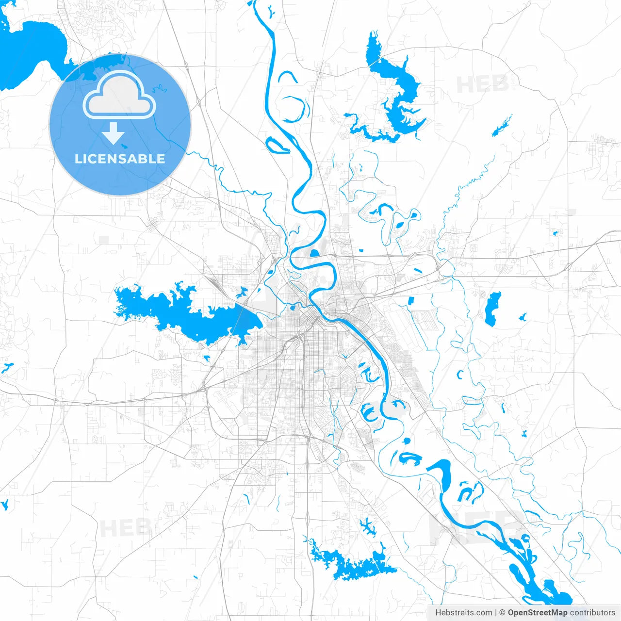 Rich detailed vector map of Shreveport, Louisiana, USA