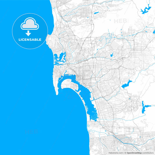 Rich detailed vector map of San Diego, California, U.S.A.
