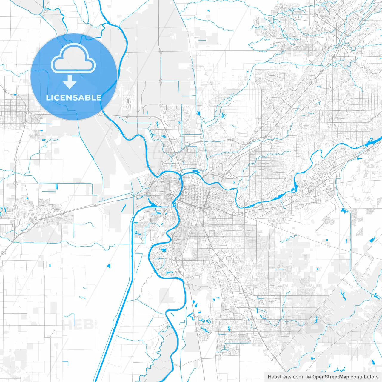 Rich detailed vector map of Sacramento, California, U.S.A.
