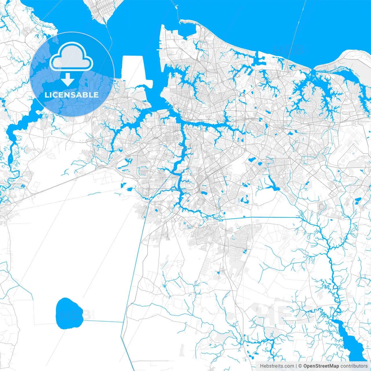 Rich detailed vector map of Chesapeake, Virginia, U.S.A.