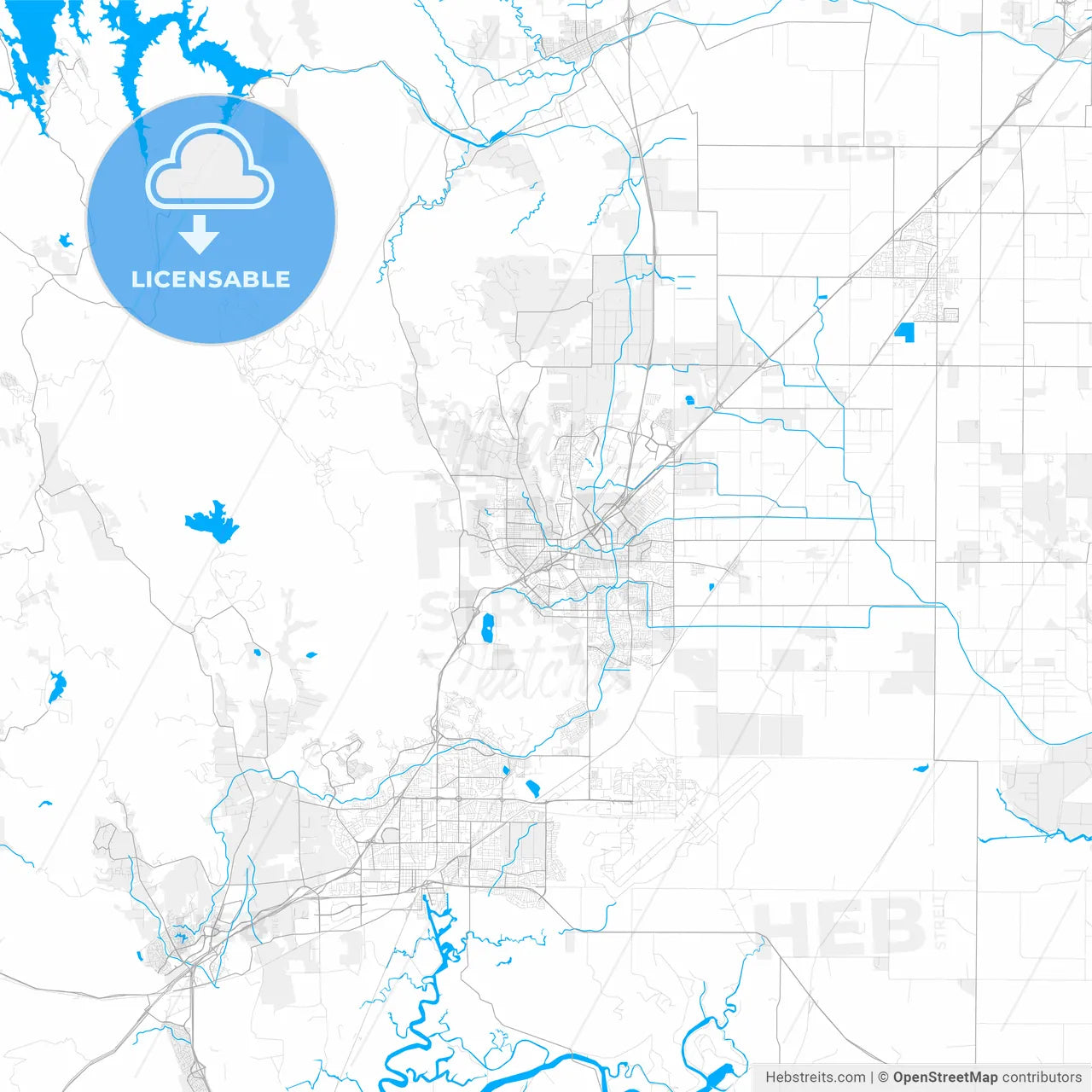 Rich detailed vector map of Vacaville, California, USA