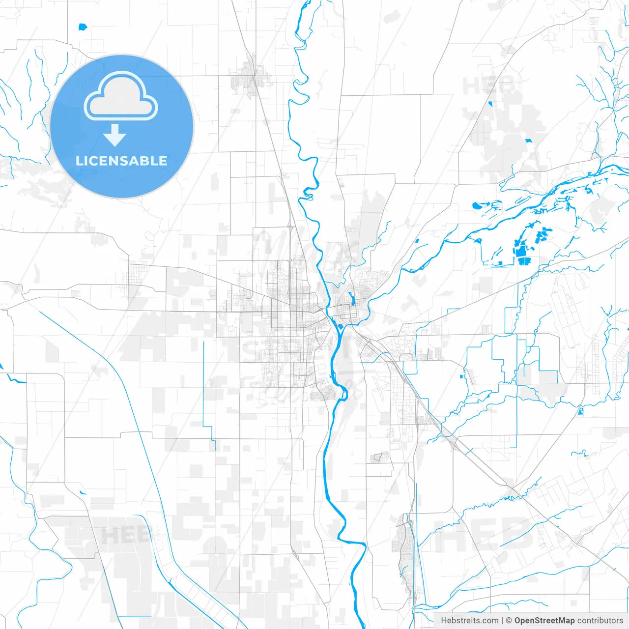 Rich detailed vector map of Yuba City, California, USA