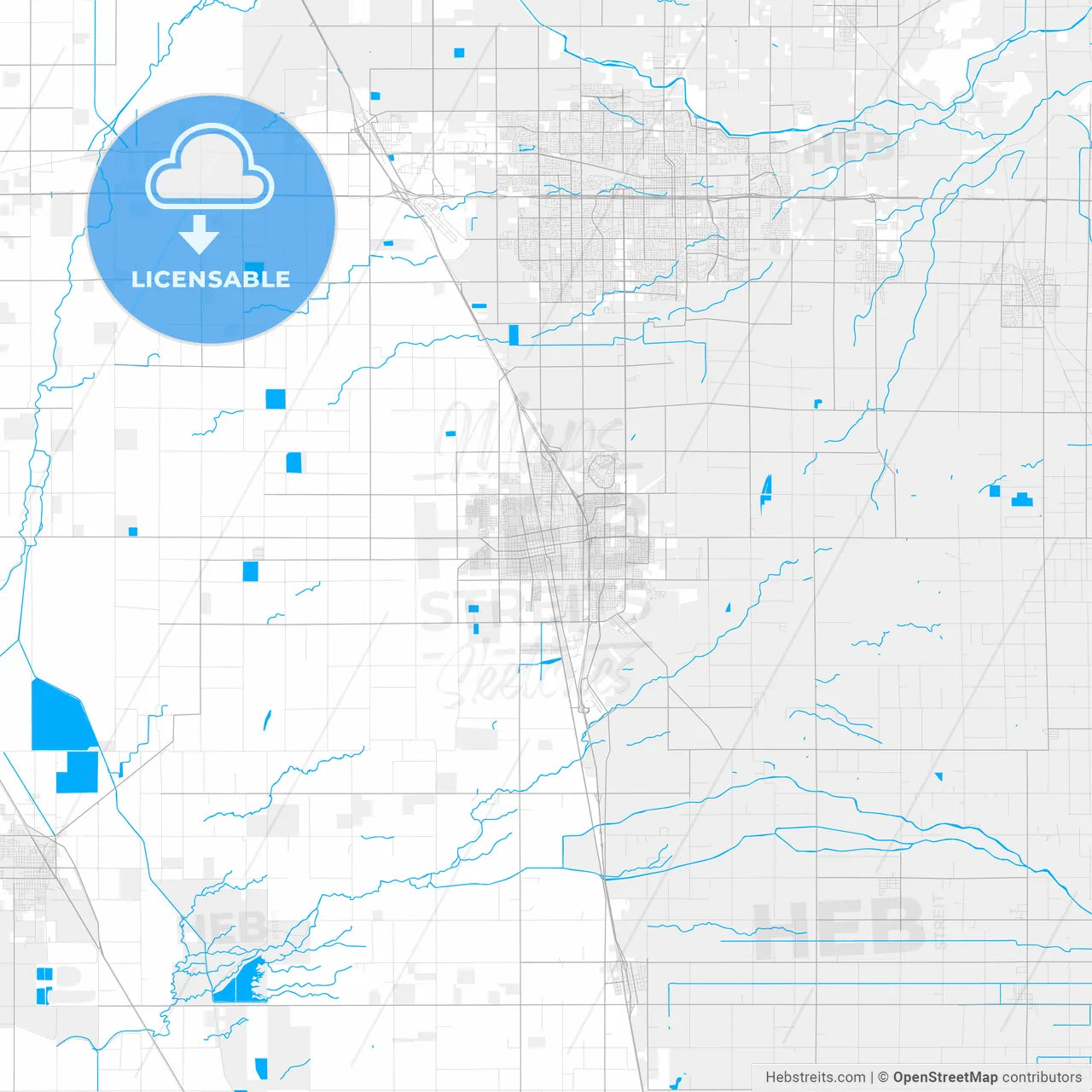 Rich detailed vector map of Tulare, California, USA