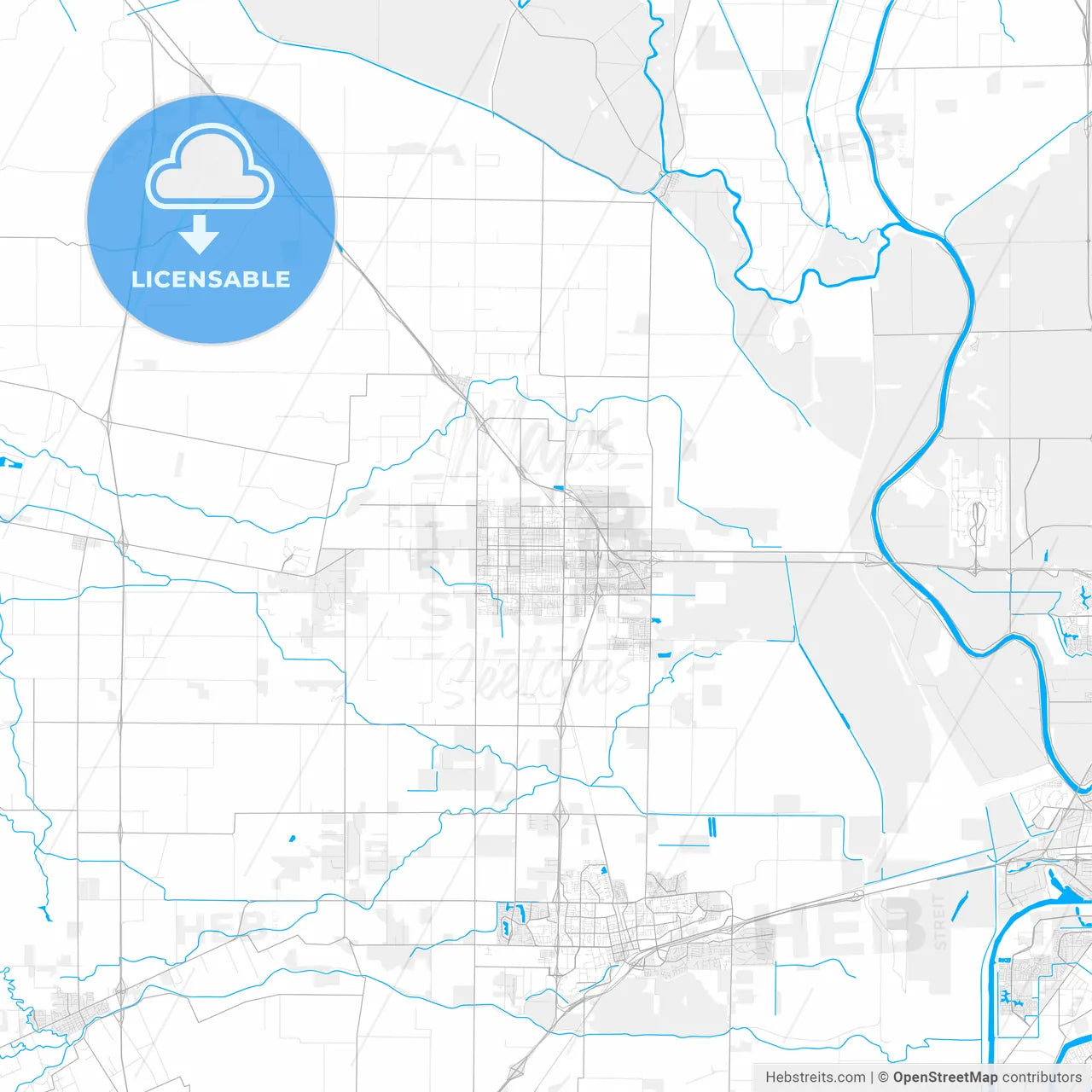 Rich detailed vector map of Woodland, California, USA