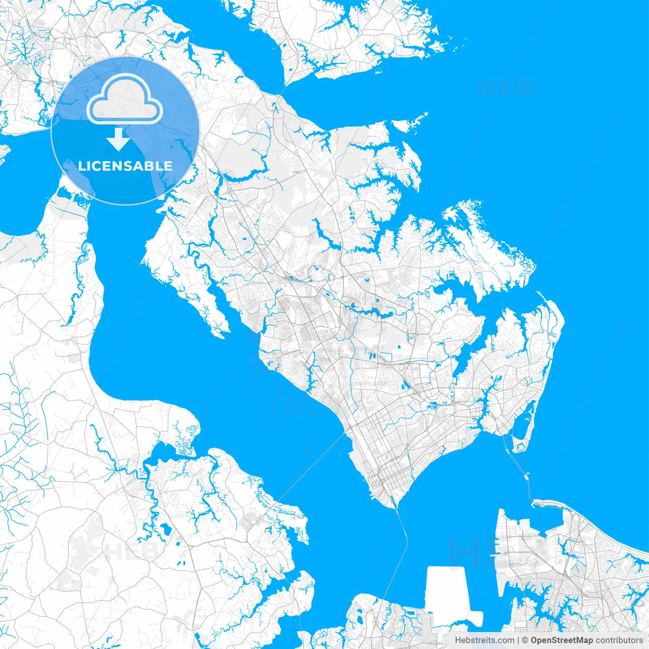 Rich detailed vector map of Newport News, Virginia, USA