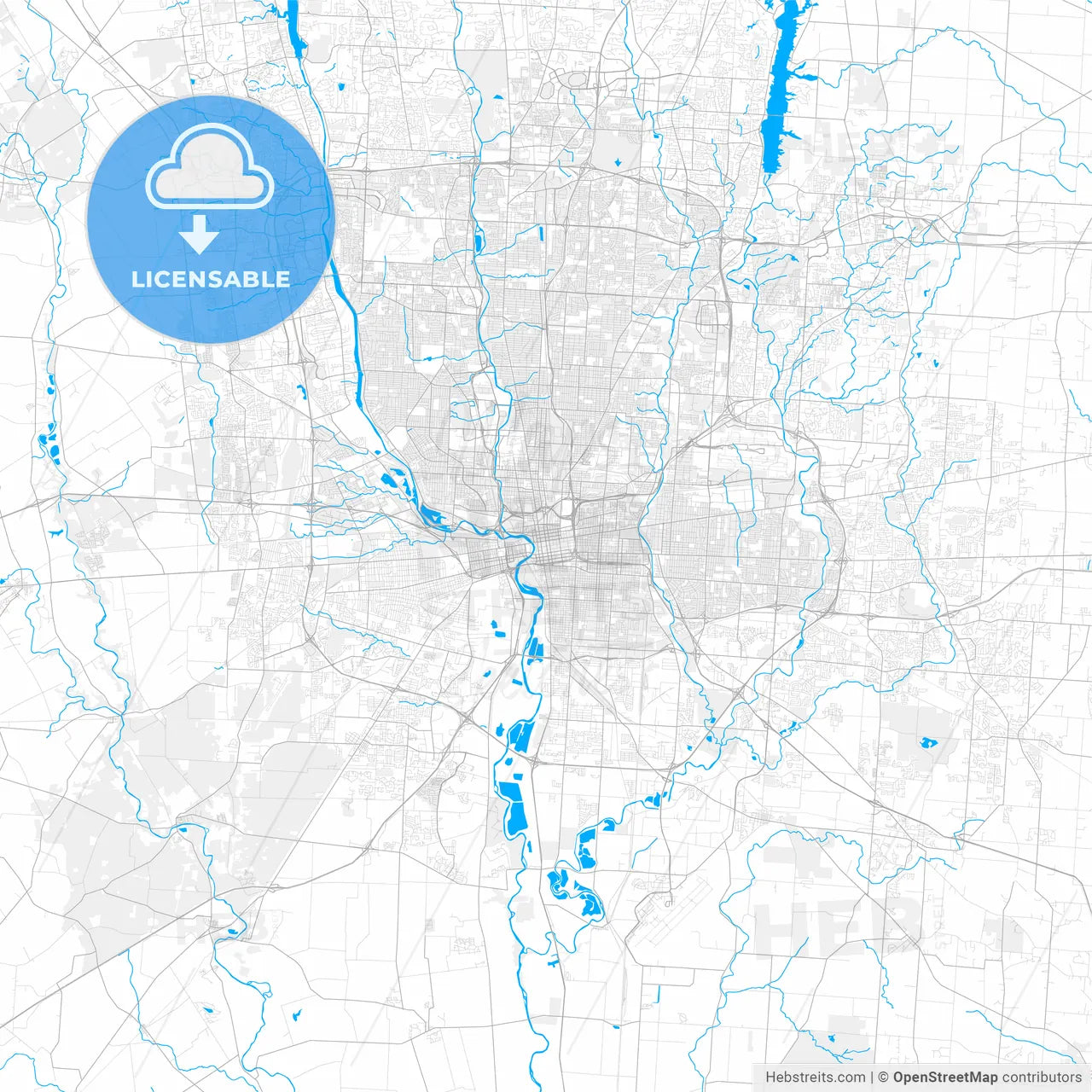Rich detailed vector map of Columbus, Ohio, U.S.A.
