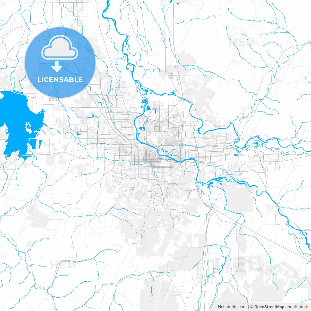Rich detailed vector map of Eugene, Oregon, USA