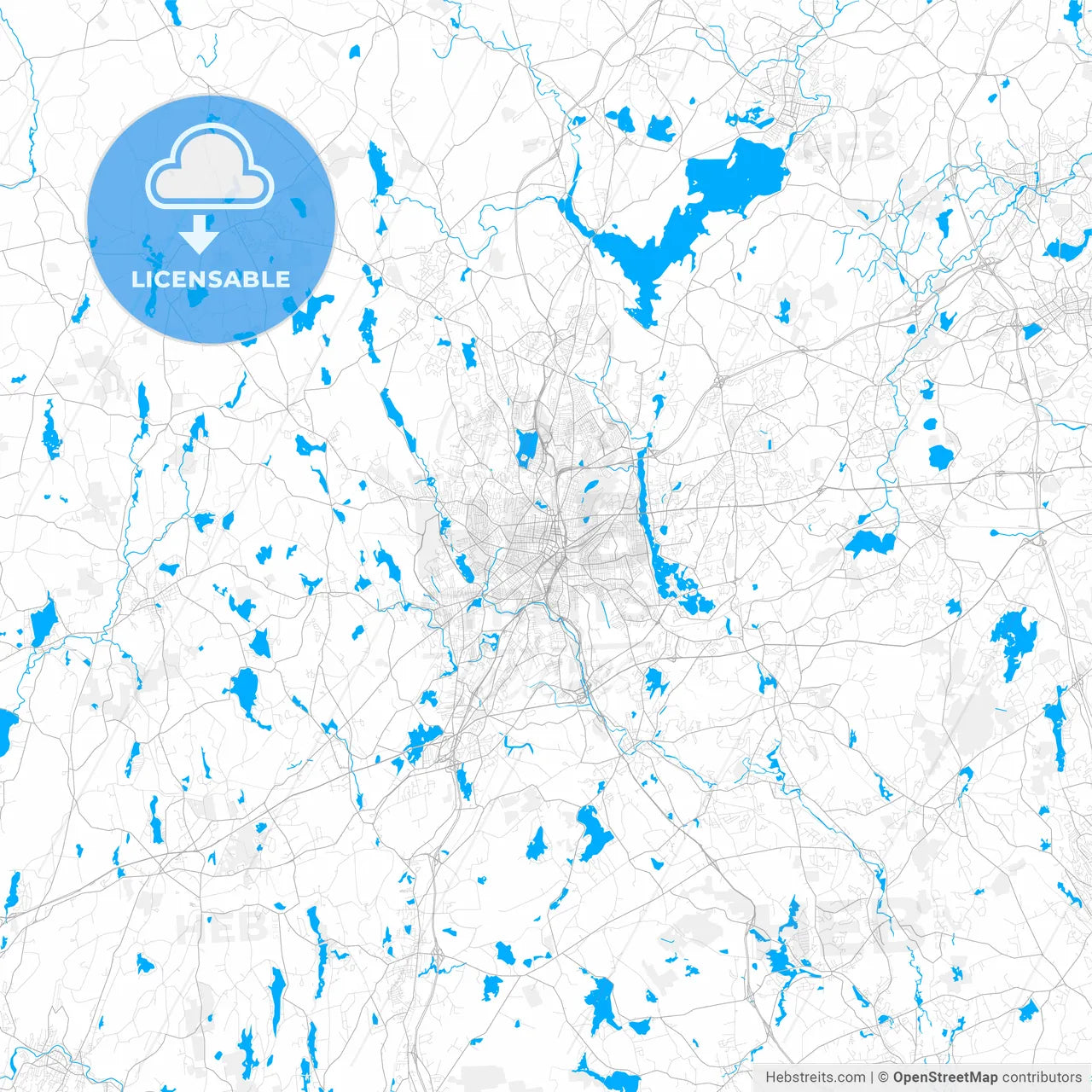 Rich detailed vector map of Worcester, Massachusetts, USA