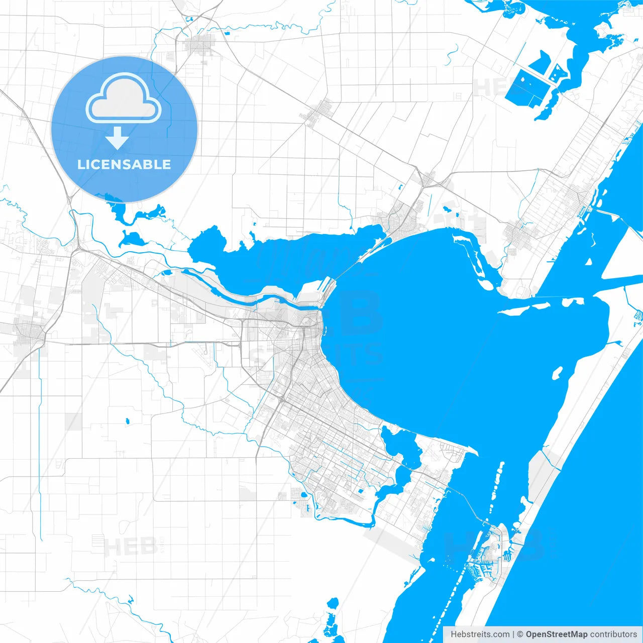 Rich detailed vector map of Corpus Christi, Texas, U.S.A.