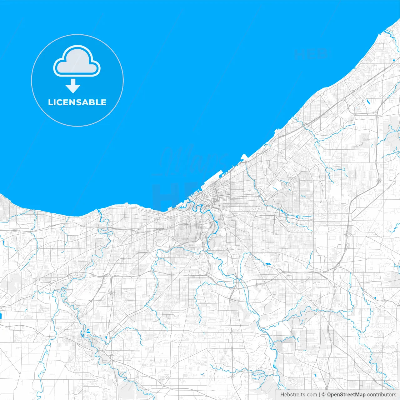 Rich detailed vector map of Cleveland, Ohio, U.S.A.