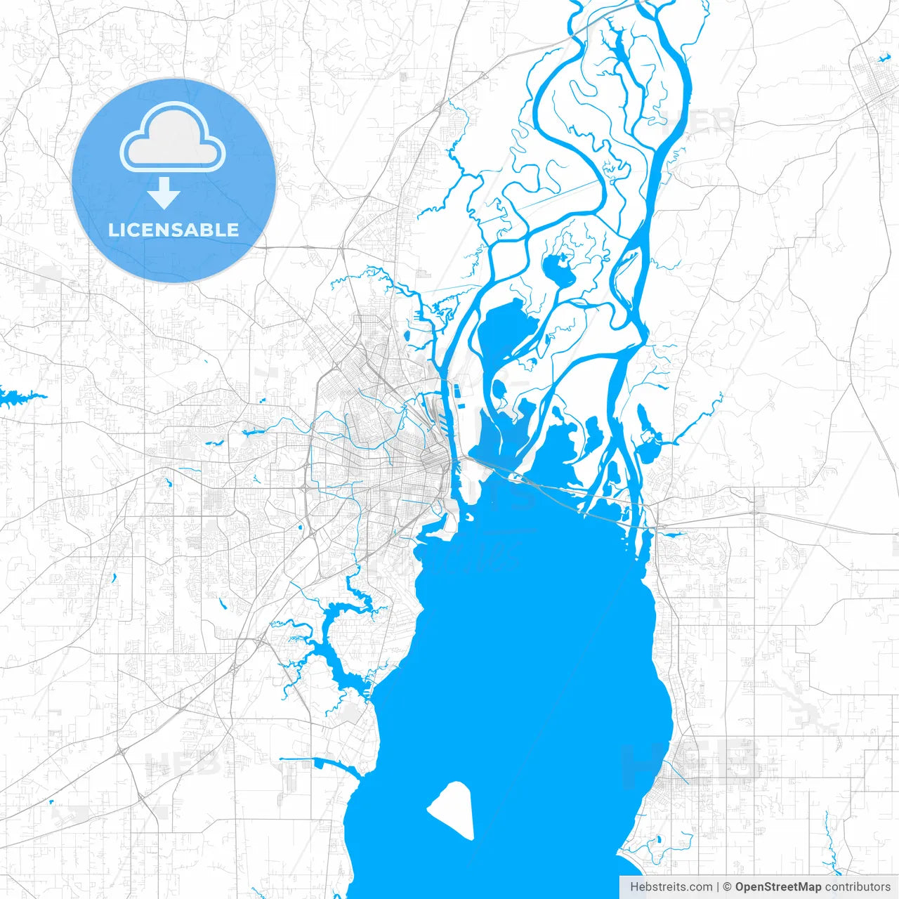 Rich detailed vector map of Mobile, Alabama, USA