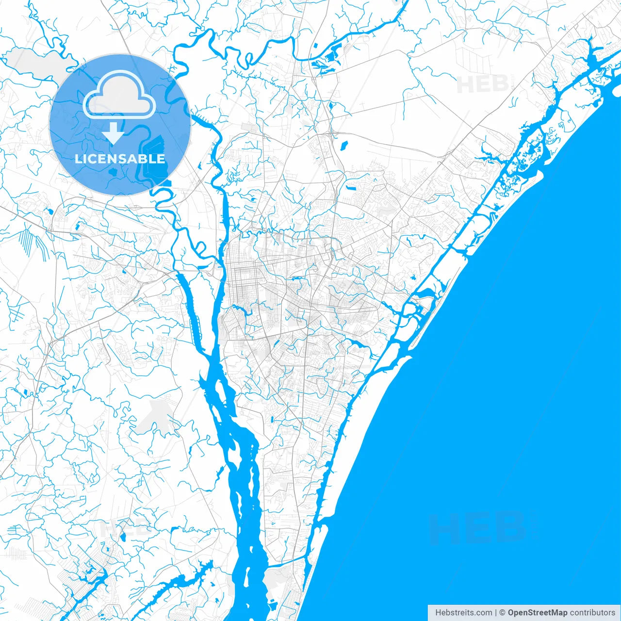 Rich detailed vector map of Wilmington, North Carolina, USA