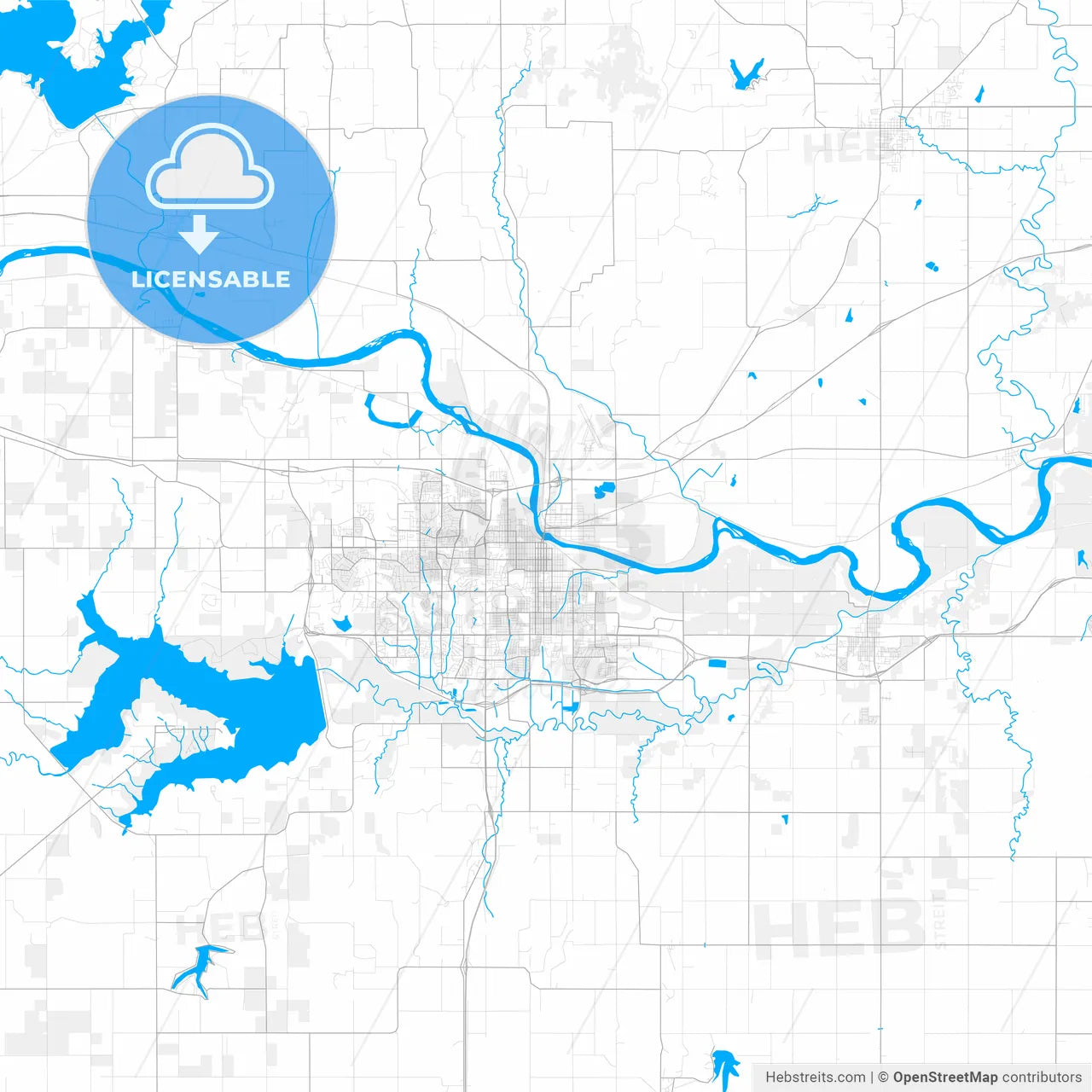 Rich detailed vector map of Lawrence, Kansas, USA