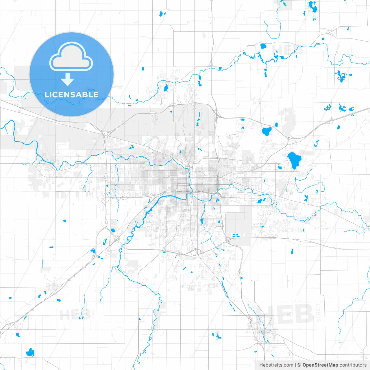 Rich detailed vector map of Lansing, Michigan, USA