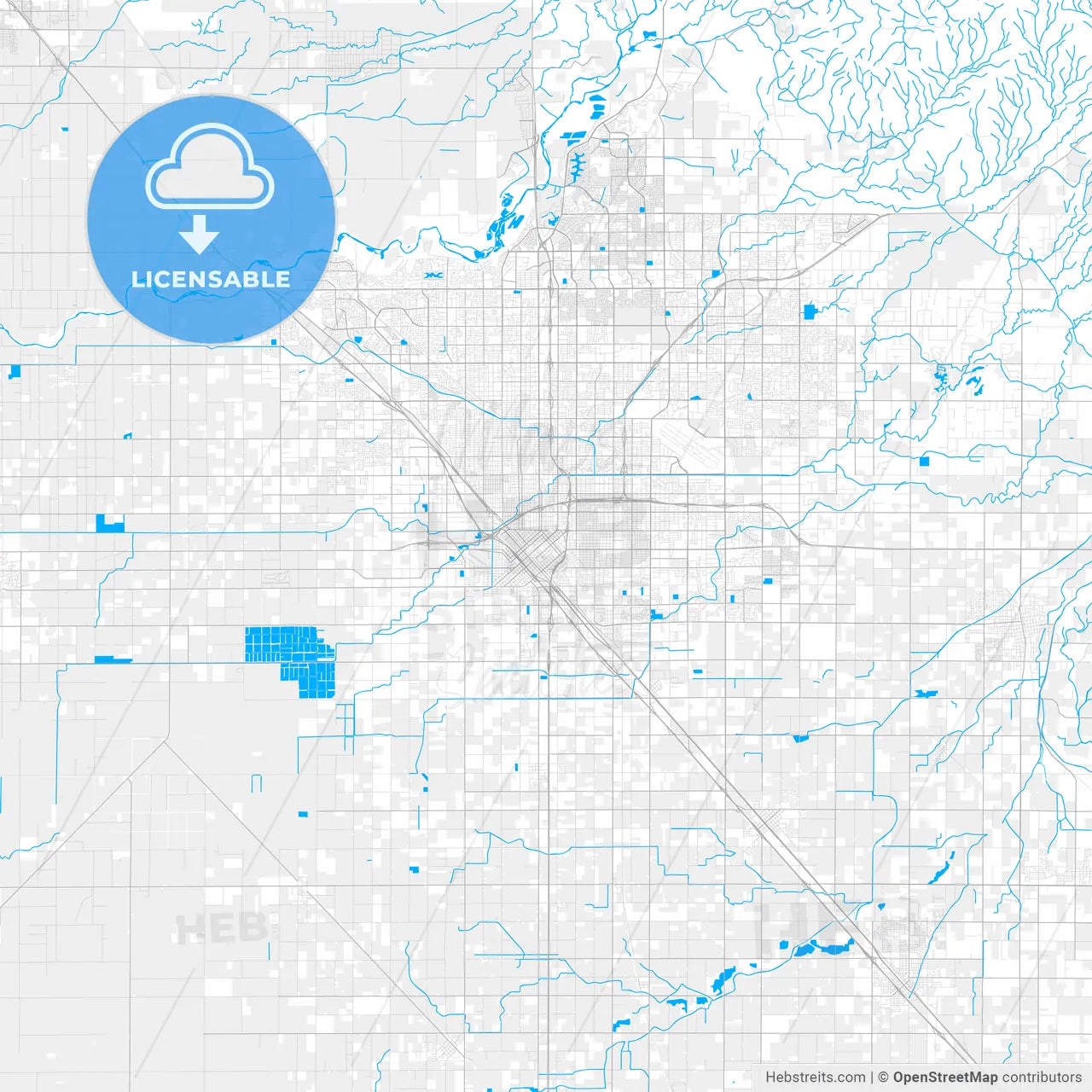 Rich detailed vector map of Fresno, California, U.S.A.