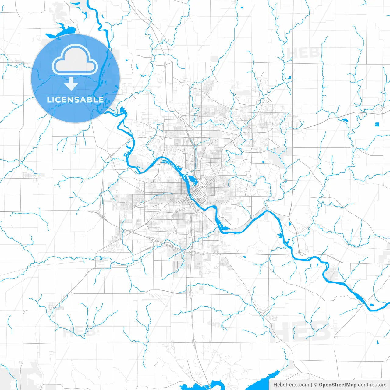 Rich detailed vector map of Cedar Rapids, Iowa, USA
