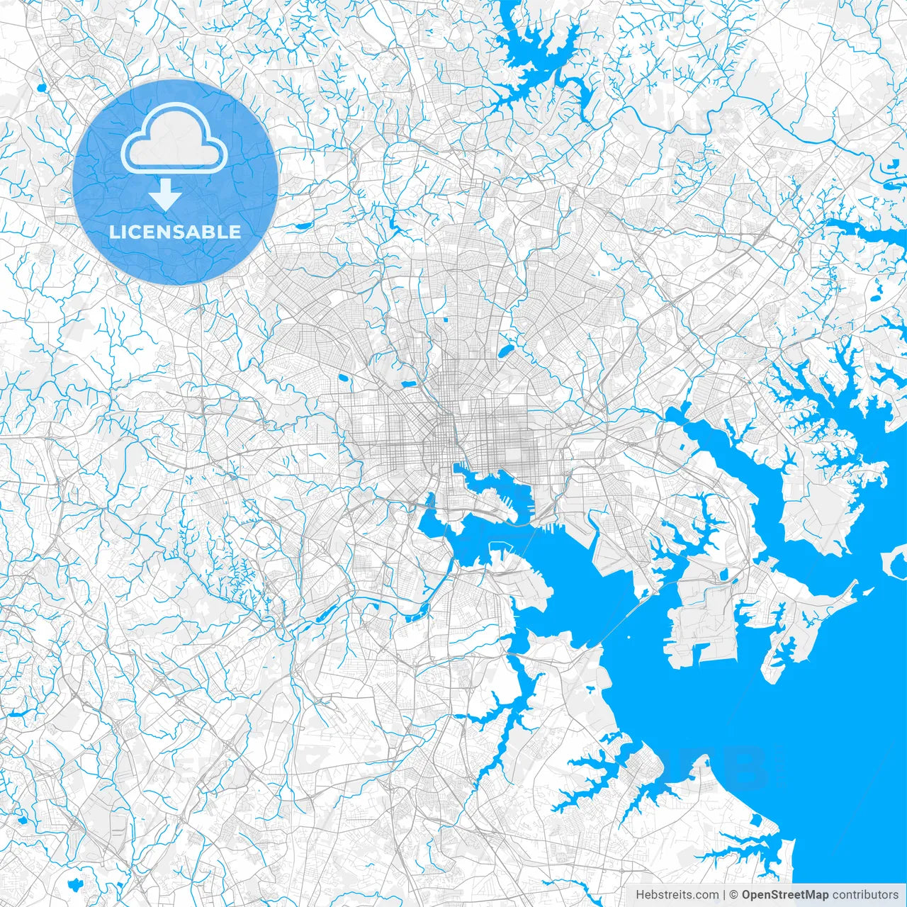 Rich detailed vector map of Baltimore, Maryland, U.S.A.