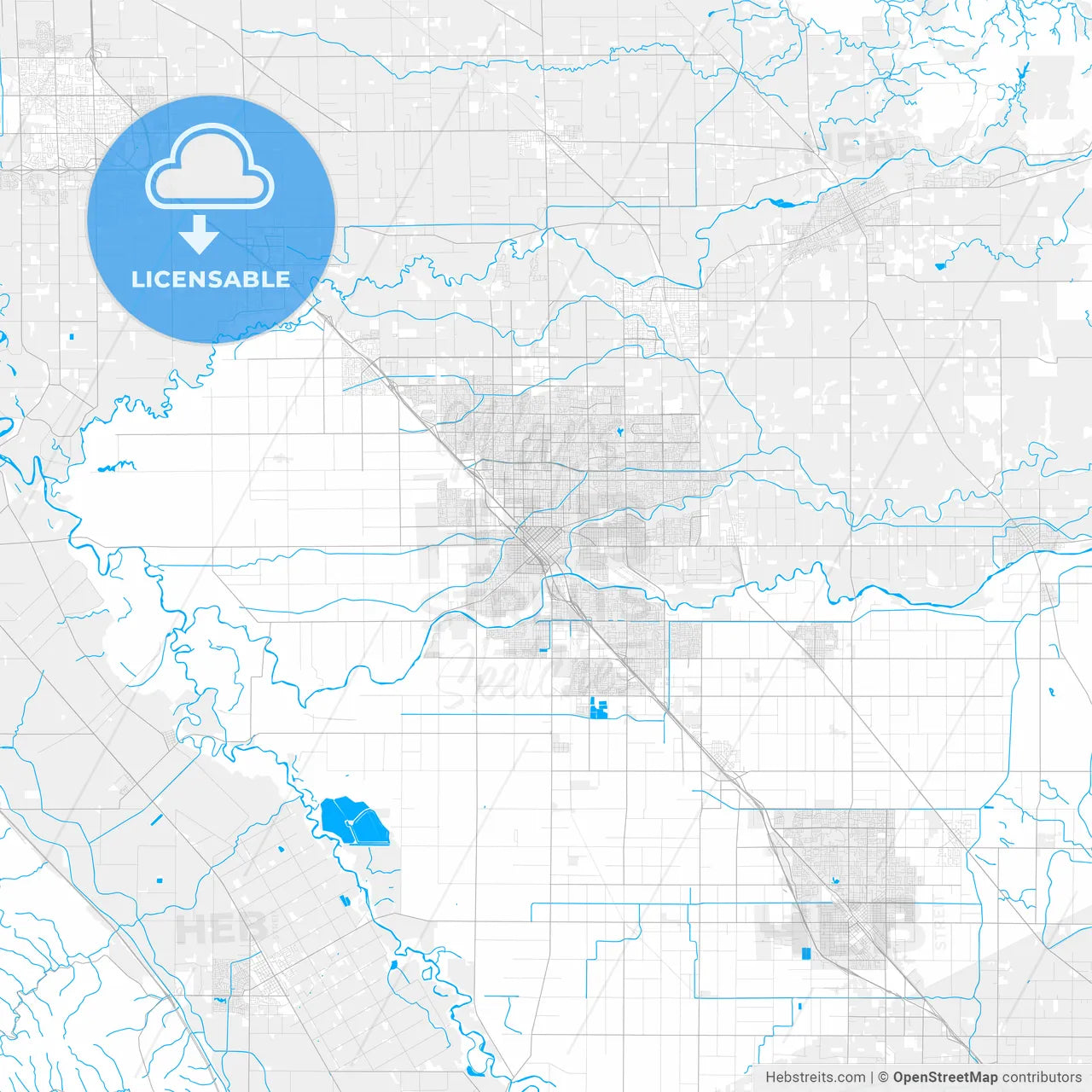 Rich detailed vector map of Modesto, California, USA
