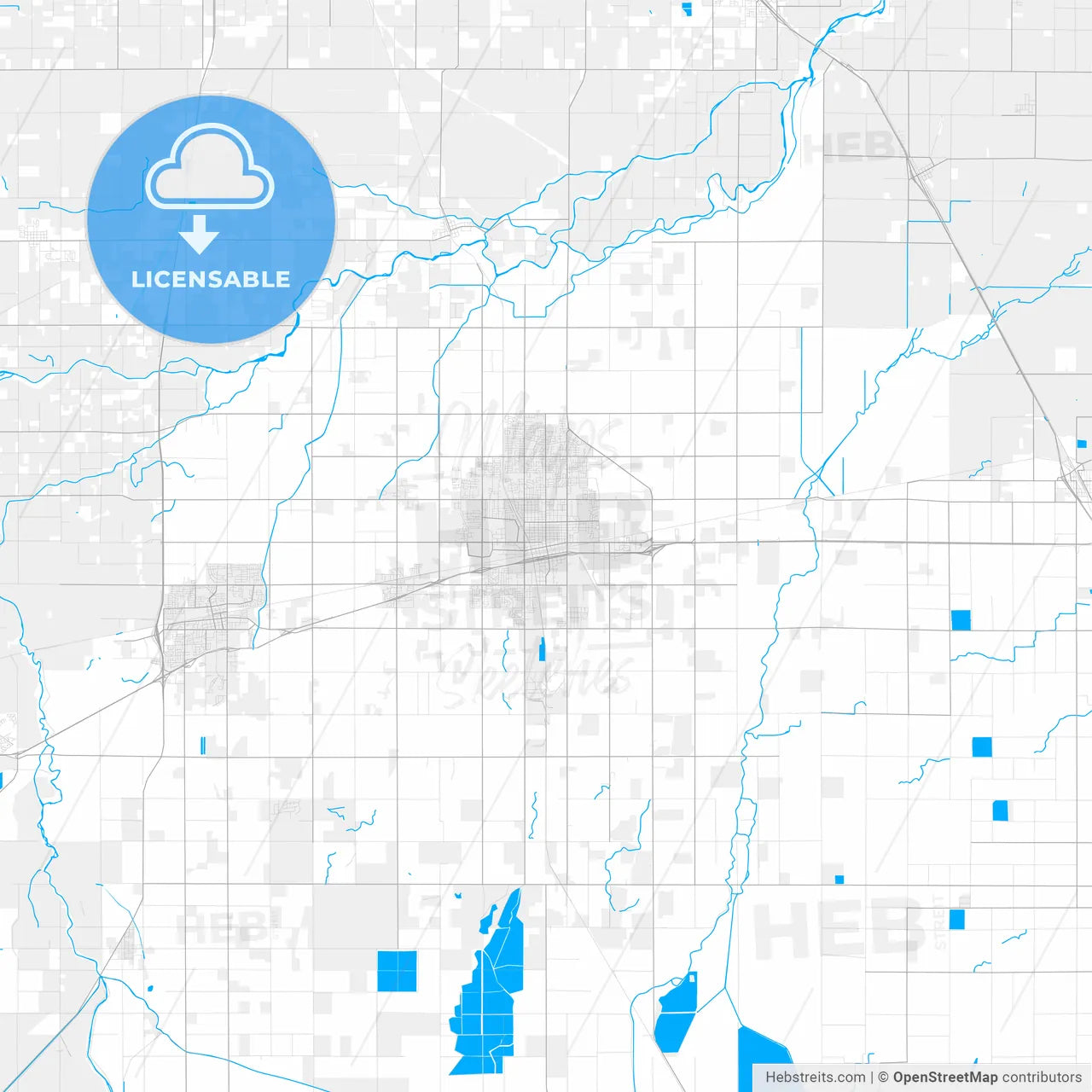 Rich detailed vector map of Hanford, California, USA