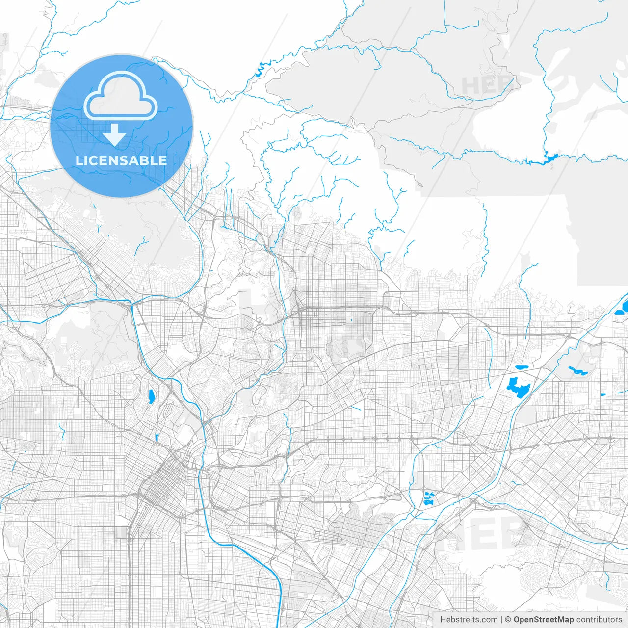 Rich detailed vector map of Pasadena, California, USA