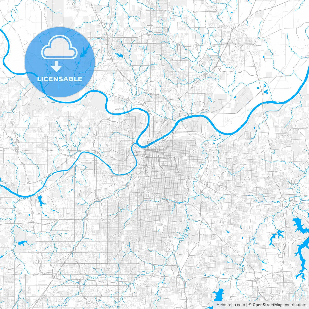 Rich detailed vector map of Kansas City, Missouri, U.S.A.