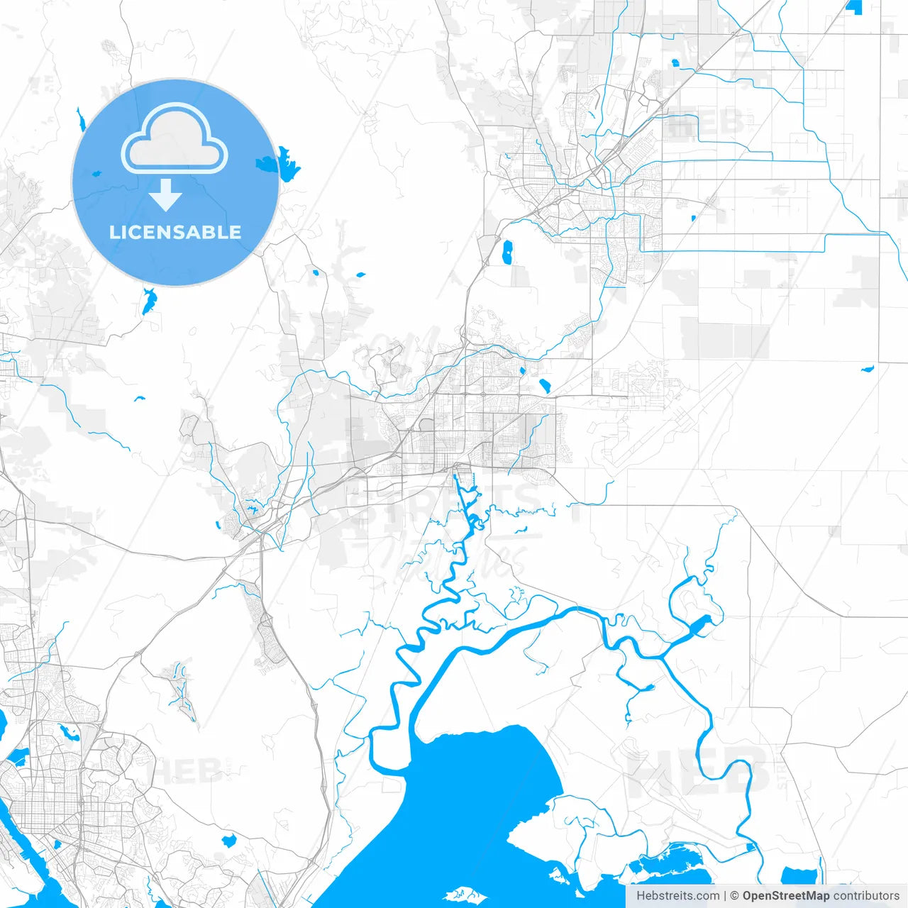 Rich detailed vector map of Fairfield, California, USA