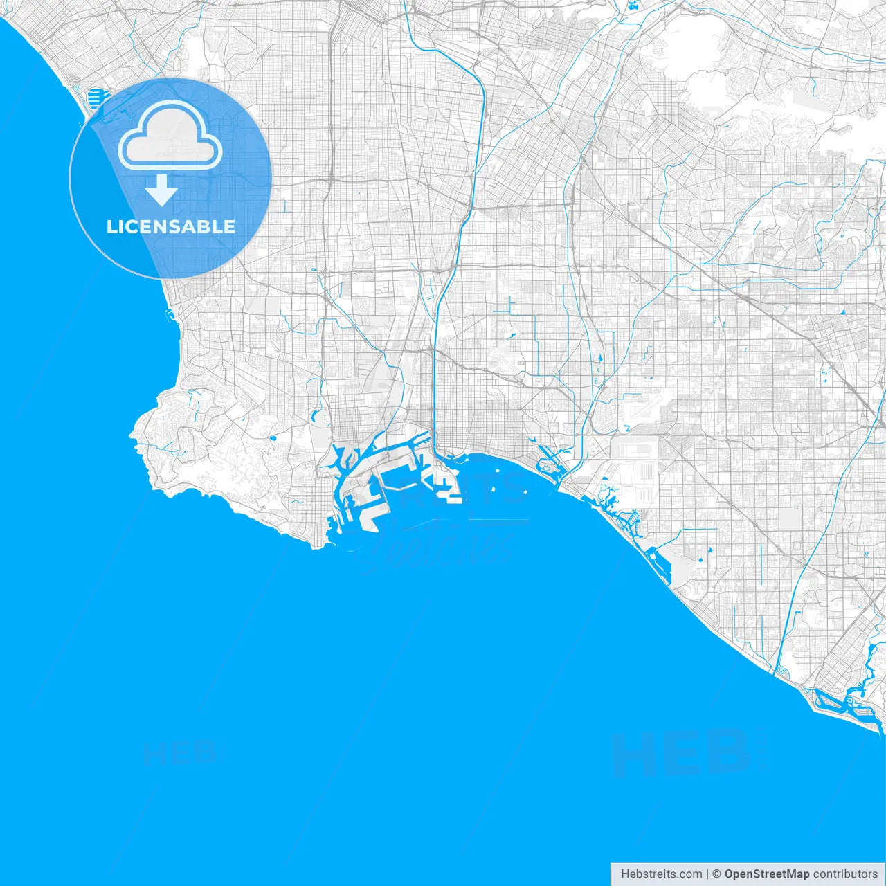 Rich detailed vector map of Long Beach, California, U.S.A.