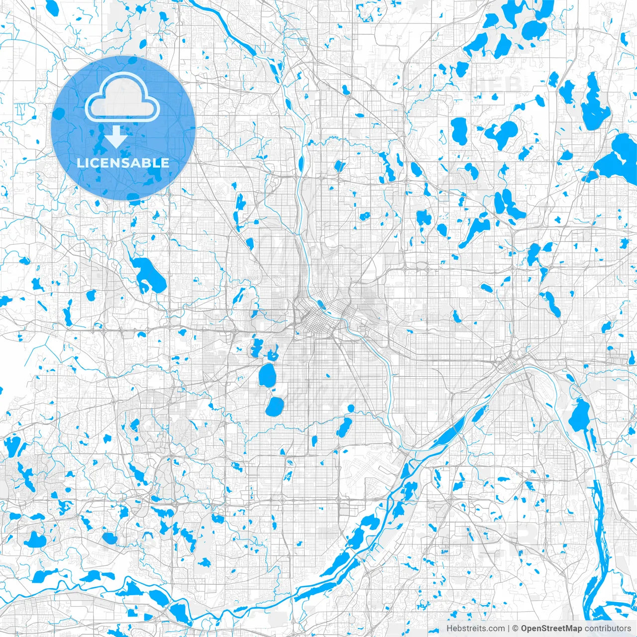 Rich detailed vector map of Minneapolis, Minnesota, U.S.A.