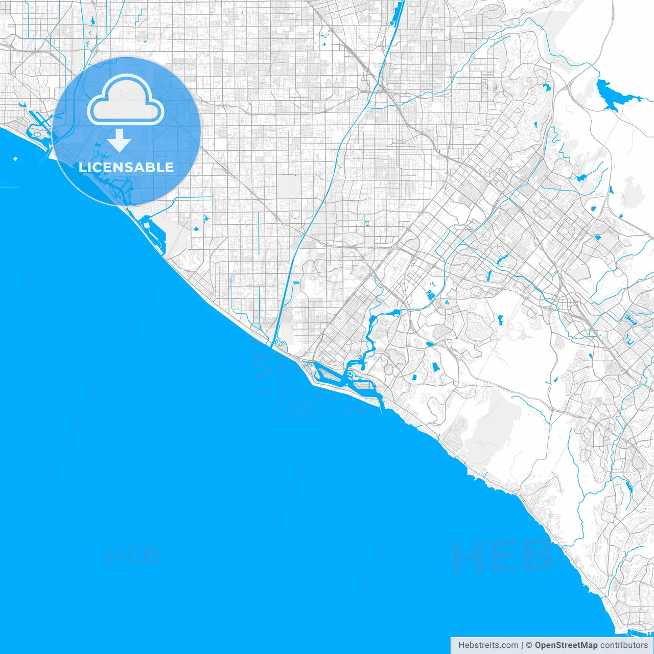 Rich detailed vector map of Costa Mesa, California, USA