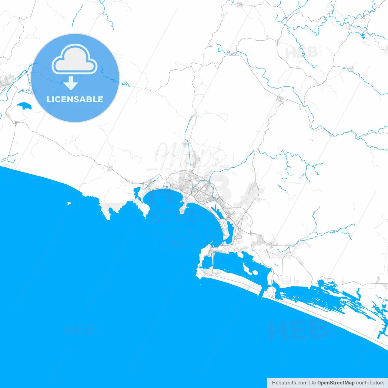 Rich detailed vector map of Manzanillo, Colima, Mexico