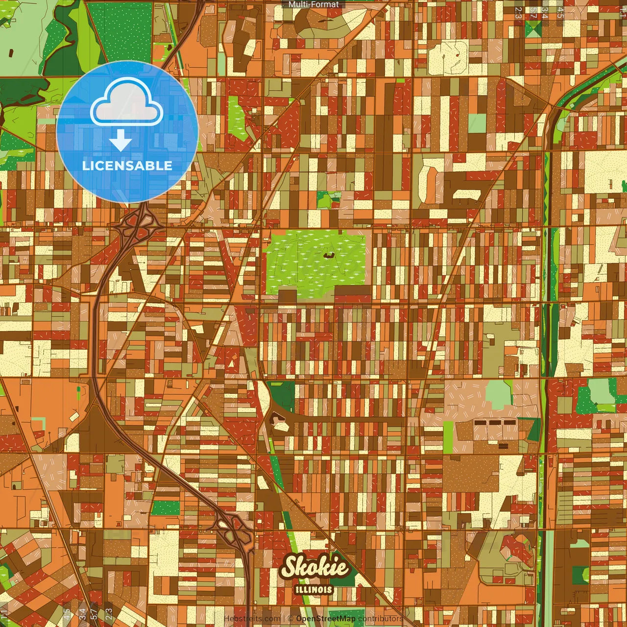 Skokie Illinois Farmhouse Poster Art Map Template